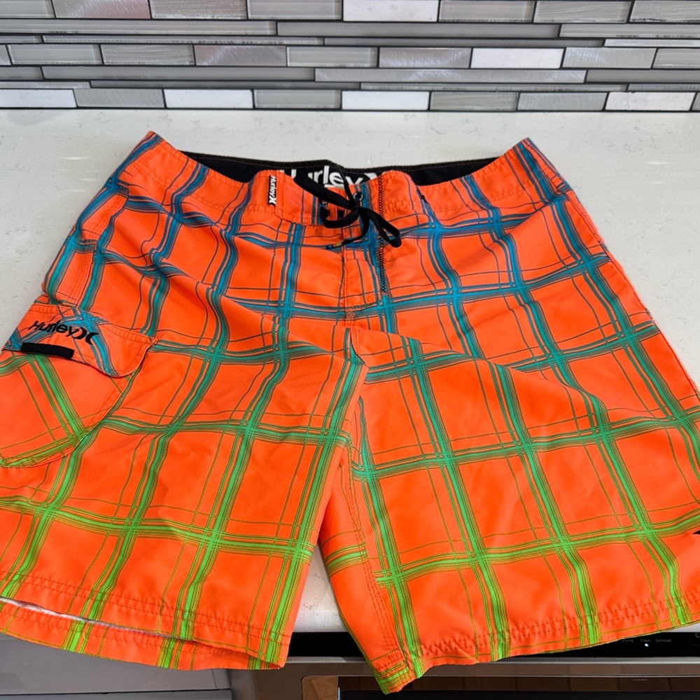 Hurley Men's Plaid Orange and Green Board Shorts